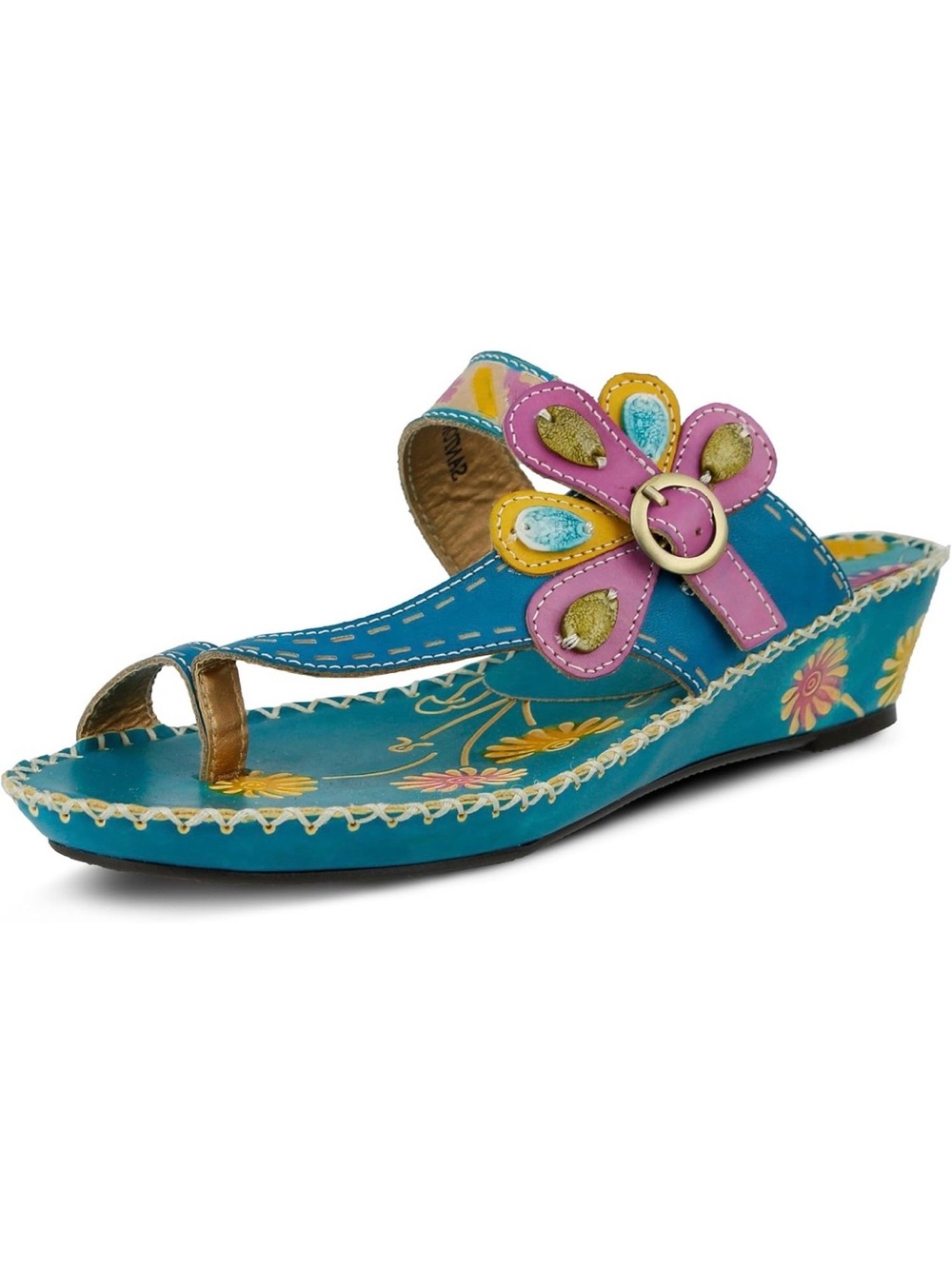 L'ATISTE Teal Wedge Sandals with Pink & Yellow Flower Accent